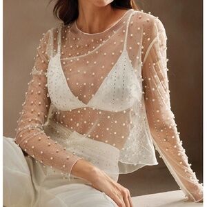Beaded White Sheer Mesh Long Sleeve Shirt with Faux Pearls and Sparkles